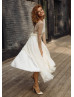 Gold Lace Ivory Tulle Tea Length Wedding Dress